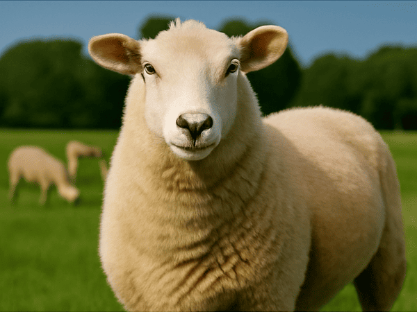 White sheep in a farm environment, representing ruminant feed additive usage.
