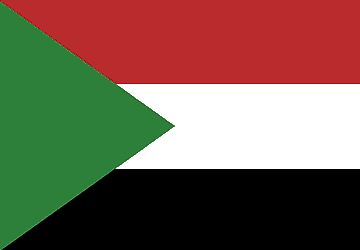 National flag of Sudan with horizontal red, white, and black bands and a green triangle on the hoist side.